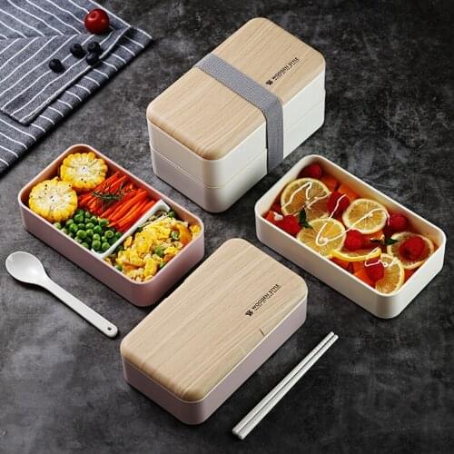 Japanese Style Microwave Double Layer Lunch Box 1200ml Wooden Style Bento Box Portable Container Box Workers Student Lunch Box