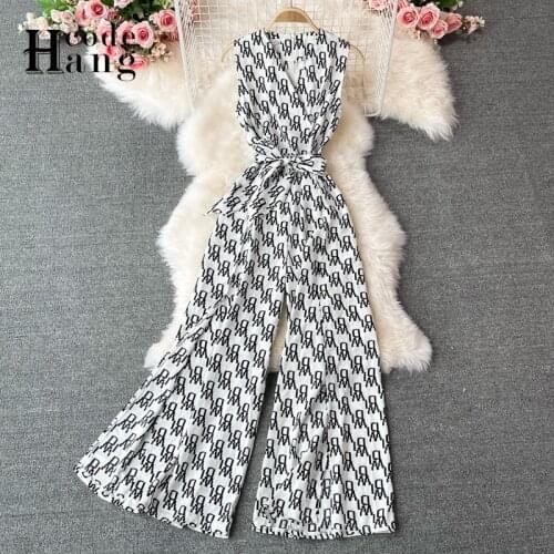 HangCode Brand Style Letters Print V-neck Jumpsuits 2021 New Fashion Summer Sleeveless Long Wide Leg Overalls with Belt