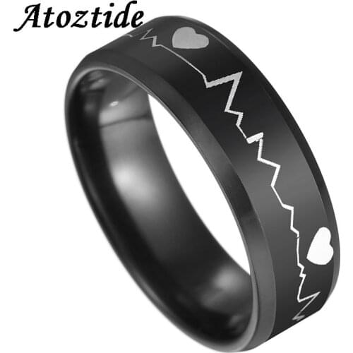 Atoztide Stainless Steel Black 8mm Heartbeat Ring For Couples Sun And Moon His crazy Her Weirdo Promise Ring Anniversary Gift
