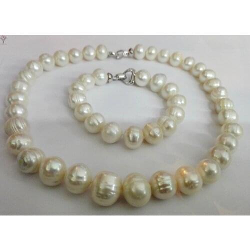 Wedding Women Jewelry set huge 12-15mm White baroque Pearl Choker Necklace bracelet Heart Clasp Natural Freshwater Pearl