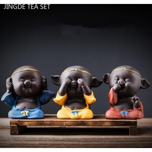 Creative Purple Clay Tea Pet Ornaments Cute Pig Statue Animal Tea Figurine Crafts Handmade Tea Table Decoration Accessories