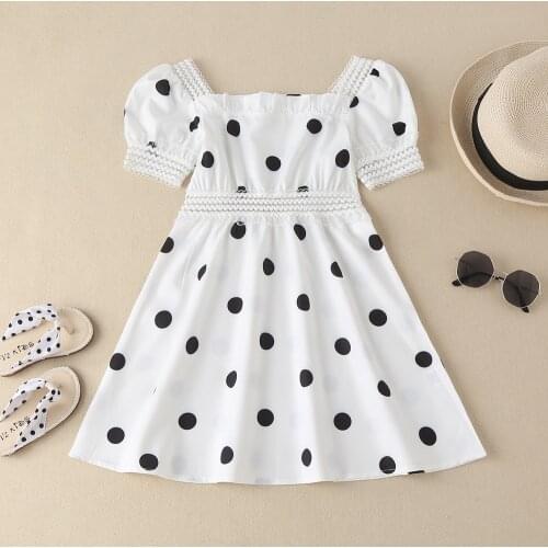 Girls' summer dresses childrens clothing polka-dot short-sleeved mid-length dresses childrens summer sweet and cute clothing
