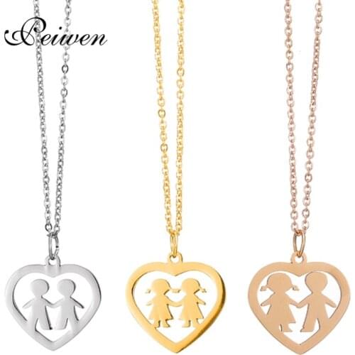 Fashion Figure Boy & Girl in Heart Pendant Necklace Stainless Steel Children Kids Necklace Gold Silver Color Chain Charm Choker