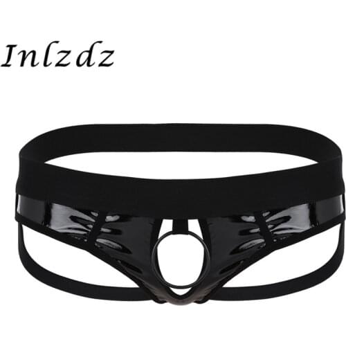 Mens Lingerie Sexy Underwear Bikini G-string Briefs Leather Open Back Hollow Out Jockstrap Low Rise with Metal O-Ring Panties