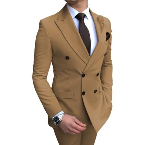 Mens Suits 2 Pieces Double Breasted Regular Fit Notch Lapel Solid Prom Tuxedos Wedding (Blazer+Pants)