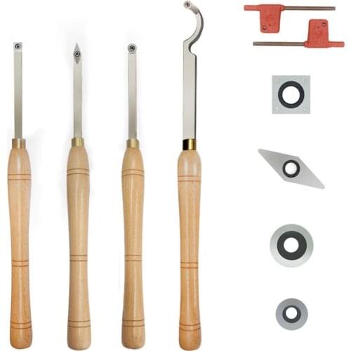 4 Pcs Carbide Tipped Wood Turning tools Lathe set Finisher/Rougher/Detailer/Hollower Swan Neck Hollower with Solid Wood Handle