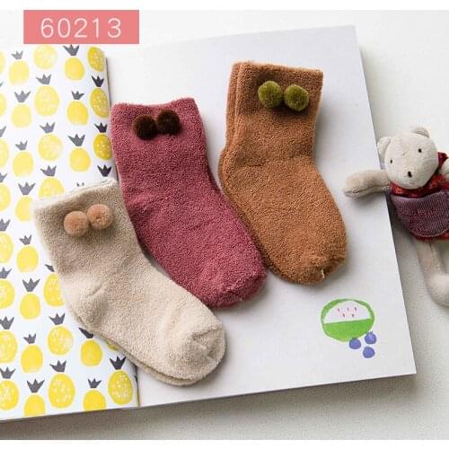 Caramella 2Pairs Winter Thick Terry Kids Infant Socks Funny Animal Baby Sock Kawaii Cartoon Pom Pom Deco Short Girl Boy Hosiery