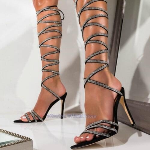Newest Designer Strappy Gladiator Diamond Wrapped Heels Women Thin High Heel Lace-up Summer Gladiator Sandals Boots Free Ship