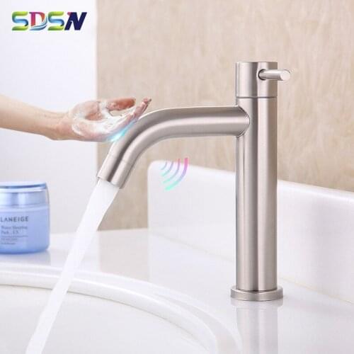 Touch Cold Basin Faucets SDSN Brushed Nickel Bathroom Basin Mixer Tap Single Cold Touch Faucet Smart Sensitive Touch Basin Tap