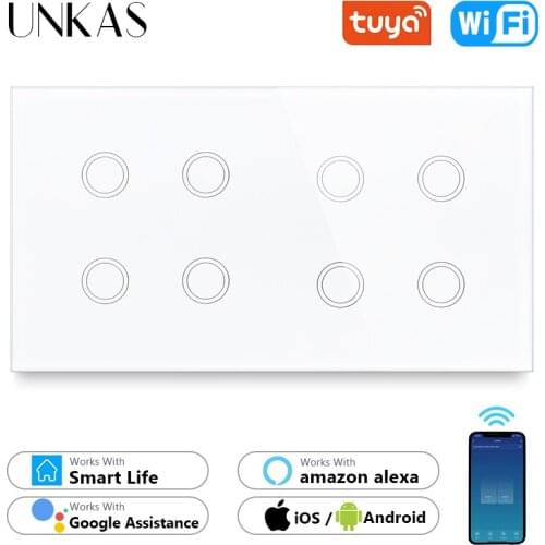 UNKAS 8 Gang Wifi EU Standard Touch On / Off Smart Switch Crystal Glass 157mm Panel Work Tuya Alexa / Google Home Outlet
