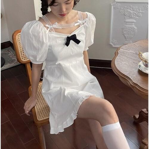 Retro Off Shoulder Kawaii Ruffle Puff Sleeve Dress Japanese Lolita Style White Dress Girl Vintage Bow Elegant Party Lady Dresses