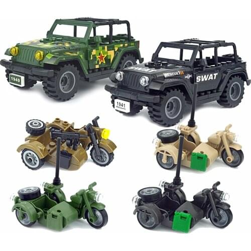 Military Cross Country Motorcycle Army Soldiers SWAT SUV City Police Car Brick Set WW2 Military Accessories Building Blocks