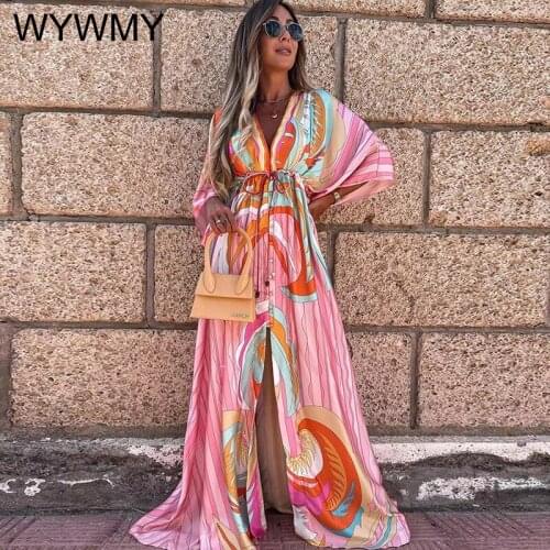 WYWMY Spring Summer Women Elegant Button Elastic Waist Long Party Dress Deep V Neck Printing Hem Maxi Dress Loose Slit Vestidos