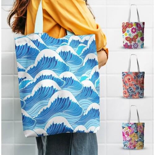 Ladies Canvas Bag Ukiyo-e Waves Retro Art Shoulder Bag Butterfly Print Tote Bag Girl Large-capacity ECO Shopping Bag Grocery Bag