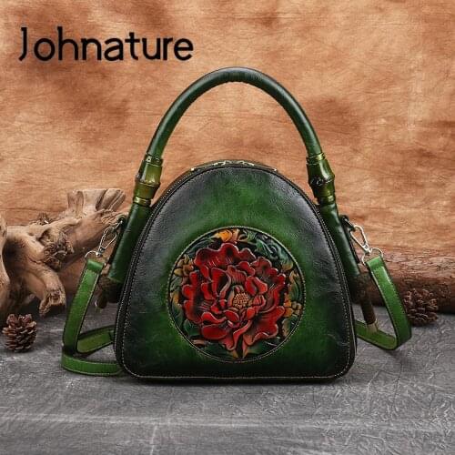 Johnature Vintage Women Bag High Quality Leather Handbag 2021 New Handmade Embossed Shoulder Bags Large Capacity Crossbody Bags