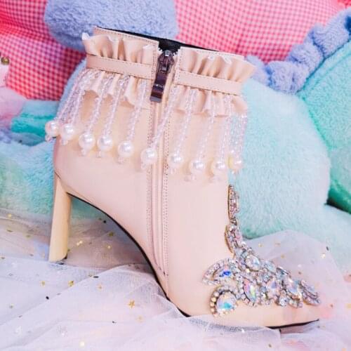 OLOMLB Womens Pointy Toe Rhinestones Crystal Diamond Tassels Ankle Boots DIY High Heel Lolita Sweet Shoes Cosplay New 2020