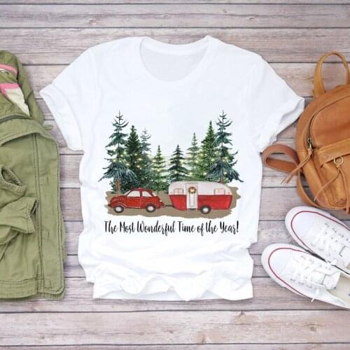 Women T-shirts Tree camper holiday Truck Animal Happy Christmas Snow Print Lady Womens Graphic T Top Shirt Female Tee T-Shirt