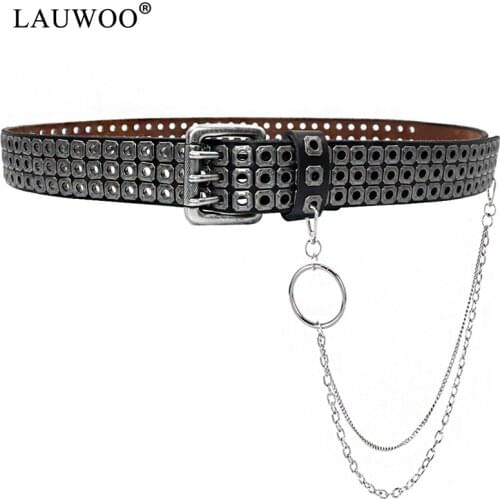Harajuku Women Punk Chain Belt Adjustable Black three Eyelet Grommet Metal Buckle man Leather Waistband For Jeans