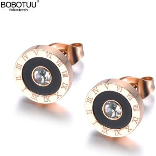 BOBOTUU Trendy Stainless Steel Black Acrylic Circle Roman Numeral Wedding Earrings For Women CZ Crystl Earrings Jewelry BE19072