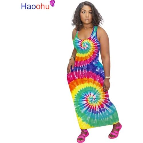 Rainbow Tie Dye Sexy Boho Beach Dresses Women Spaghetti Strap Backless Long Maxi Dress Summer o Neck Sleeveless Plus Size Dress