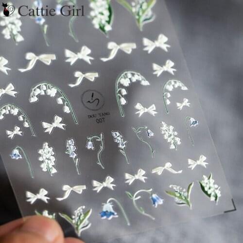 1 Sheet Flores Convallariae 3D Nail Sticker Acrylic Engraved Bow Gel Nails Stickers Flower Nail Decal Nails Decorations