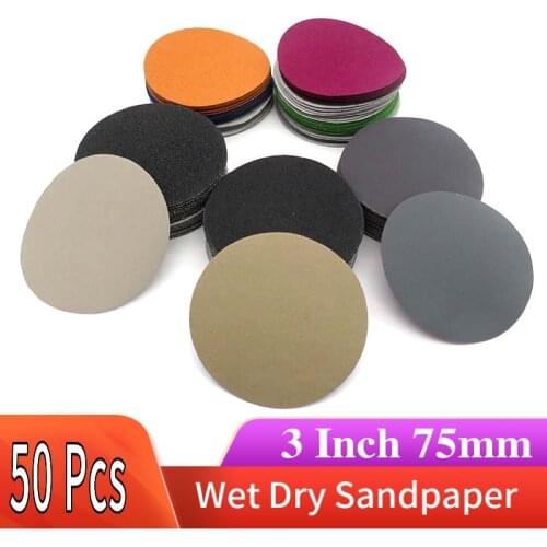 50PCS 3Inch 75MM Wet Dry Sandpaper Hook and Loop Silicon Carbide 60 to 10000 Grits Flocking Sanding Disc For Wood Car Polishing