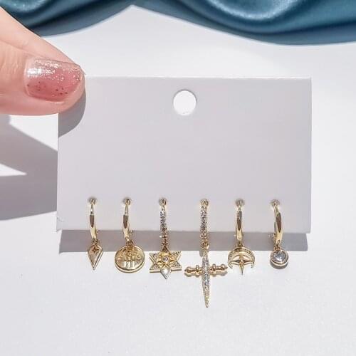 6 pieces/set 925 Sterling Silver Cross Star Eye Palm Hoop Earrings Set Creative Micro Zircon Party Earrings Wholesale