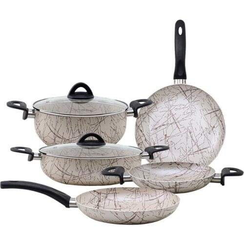 Lily 7 Piece Granite Pot Pan Set Cream Kahvean 20 Cm - 1 Pcs Frying Pan 24 Cm - 1 Pcs frying pan 26 Cm - 1 Pcs Cookware 22 Cm - 1
