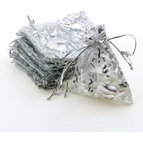 7x9cm Silver Rose Bronzing Organza Jewelry Popular Bags Small Drawstring Pouches Pochette Tulle Bonbon 100pcs/lot Wholesale