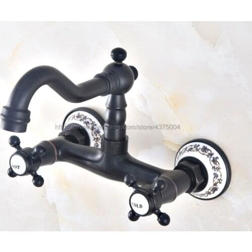 Oil Rubbed Bronze Dual Handles Bathroom Kitchen Sink Faucets Wall Mounted Swivel Spout Two Holes Kitchen Mixer Taps Nnf461