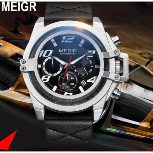 MEGIR official Mens Fashion Sport Watches Men Chronograph Quartz Clock Man Leather Military Waterproof Watch Relogio Masculino
