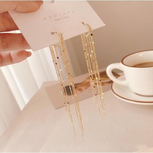 Crystal Long Dangle Hoops Heart Charm Gold Chain Tassel Drop Hanging Earrings For Women Statement Wedding Party Fashion Jewelry