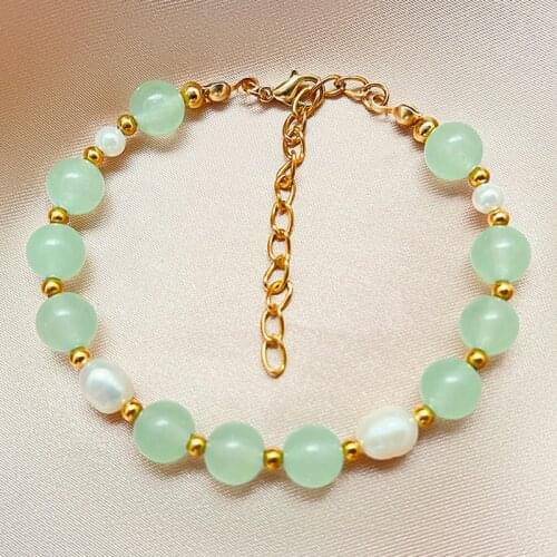 Cute Handmade Jade Beaded Bracelets for Women Girls 8mm Stones Korean Stainless Steel Freshwater Pearl Charm Bracelet Bangles