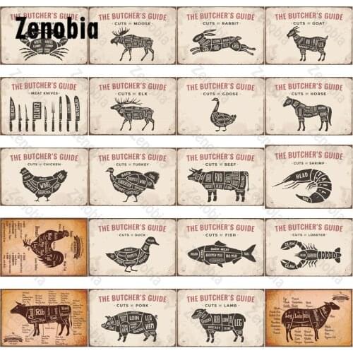 Mtal Signs Vintage Seafood Cow Metal Tin Signs Metal Poster Animal Sheep Fish Shrimp Crab Retro Wall Stickers Restaurant Decor