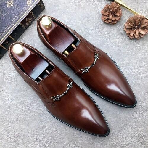 Fall Winter New Slip on Formal Business Shoes Flat heel Genuine Leather Mens Wedding Party Dress Shoes