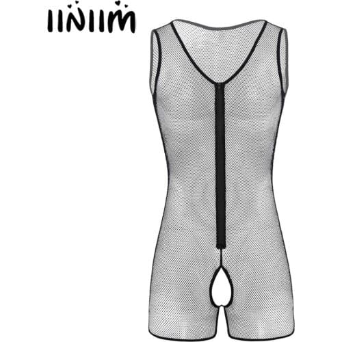 Mens See Through Teddies Sheer Fishnet Lingerie U-neck Crotchless Front Zipper Leotard Bodysuit Jumpsuit Exotic Sissy Babydoll
