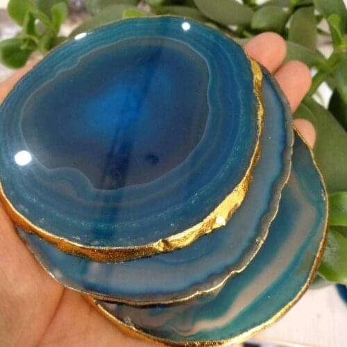 Natural Agate Geode Slice adiabatic Cup Mat Crystal Plate Jade Carnelian Coaster with gilt lace Mineral Specimen Decoration Gift