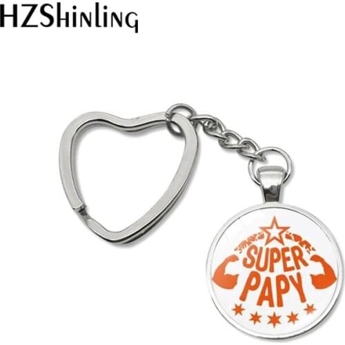 New Super Papy Heart Key Chains Holder Glass Dome Pendant Fashion Color French Word Grandpa Gifts Car Keyring Fob Jewelry