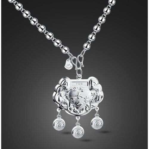 Fashion 100% 925 Sterling Silver Beads Necklace Woman Vintage Lock Pendant Choker Necklace Fine Jewelry Gift