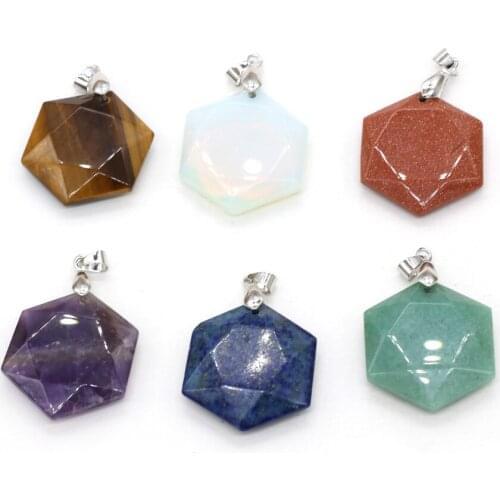 Hexagon Agates Stone Pendant Natural Green Aventurines Amethysts Pendant for DIY Jewelry Necklace Bracelet Accessories 28x30mm