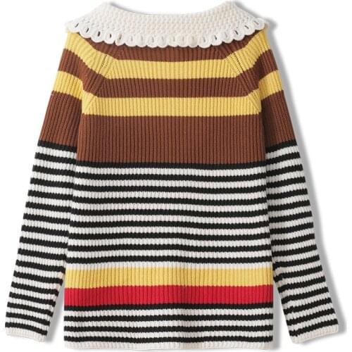 Luxury Autumn Winter Women Wear Contrast Color Striped Lapel Turn-down Collar Loose Knitted Zipper Cardigan Thick Jumpers Femmes