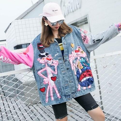 Leopard Denim Racer Jacket Spring Autumn Fashion Sequins Cartoon Loose Lady Streetwear Coats Harajuku Plus Size Japanese Clothes