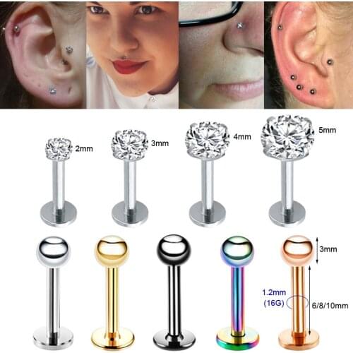4pc 16G 6/8/10mm Crystal Labret Piercing Tragus Lip Nose Ring Nostril Piercing Oreja Helix Ear Piercing Nariz Cartilage Earrings