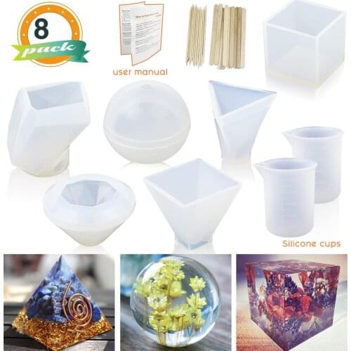 Silicone Mold Various Shape Epoxy Resin Molds Including Cube Pyramid Sphere Diamond Stone mould with Measuring Cups Wood Sticks