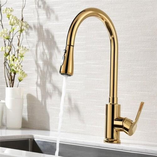 Kitchen Sink Faucets Pull Out Spray Nozzle Mixer Tap Brass Gold/Chrome Deck Mounted Hot & Cold Single Handle Rotating Crane Tap