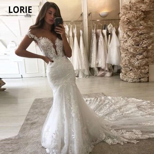 LORIE 2020 Deep V-neck Mermaid Wedding Dresses Lace Appliques with Tulle Bridal Gowns Cap Sleeve Backless Plus Size Marriage