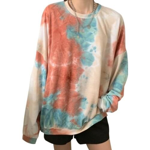 Spring Autumn Women Clothes Sweatshirt Korean Casual T Shirt Womens Tie Dye Round Neck Loose Leisure Long Sleeve T-Shirt Tops