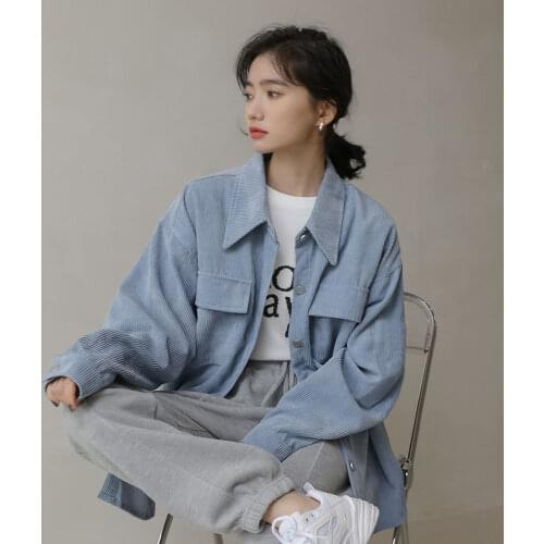 2021 Spring Thin Jackets Women Vintage Corduroy Shirt Coat Casual Loose Outwear Female Korean Fashion Beige/Blue Shirt Tops New