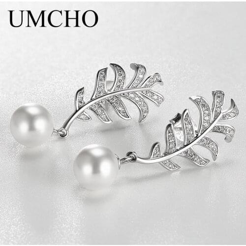 UMCHO Feather Real 925 Sterling Silver Earrings Pearl Zircon Stud Earrings For Women Elegant Romantic Noble Gift Fine Jewelry