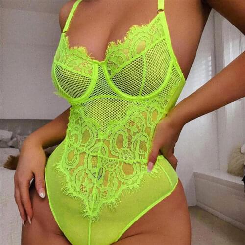 2019 Summer Lace Bodysuit Women Deep V Neck Sexy Bodysuit Neon Green Mesh Bodysuit Spaghetti Strap Overalls Jumpsuit Club Party